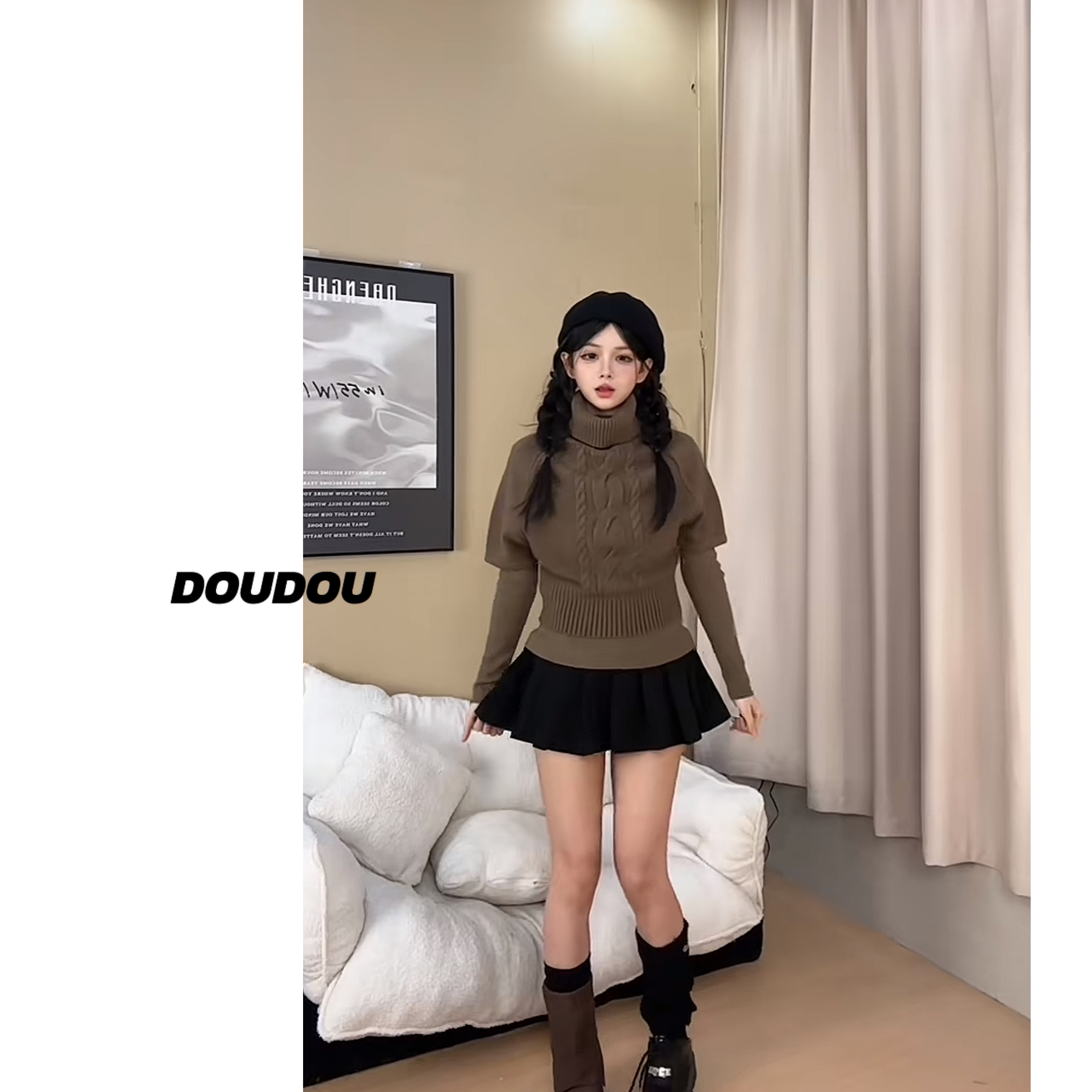 【秋冬慵懒风高领麻花针织斗篷上衣气质百搭真两件上衣】