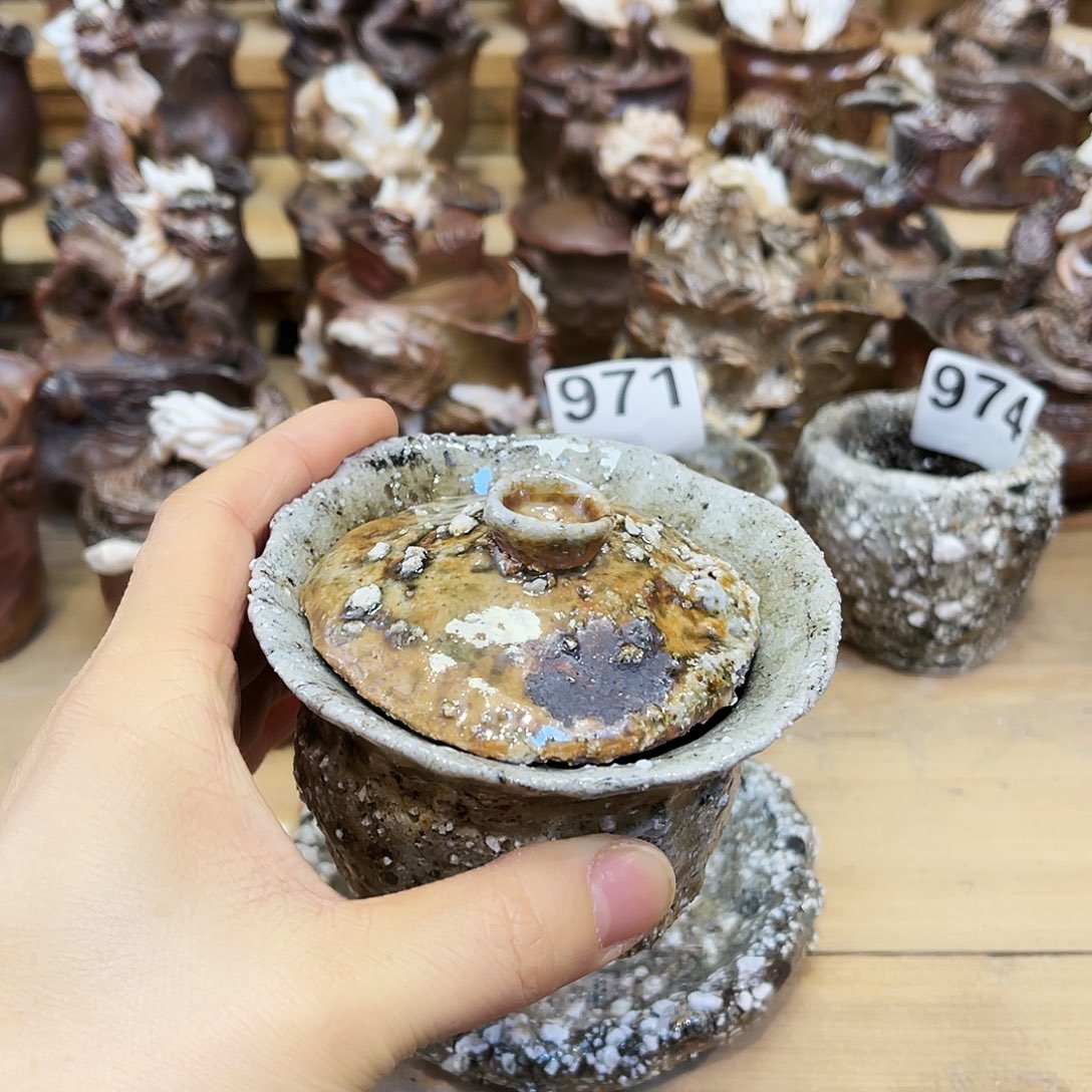 瓶柴烧石头手捏盖碗复烧特价