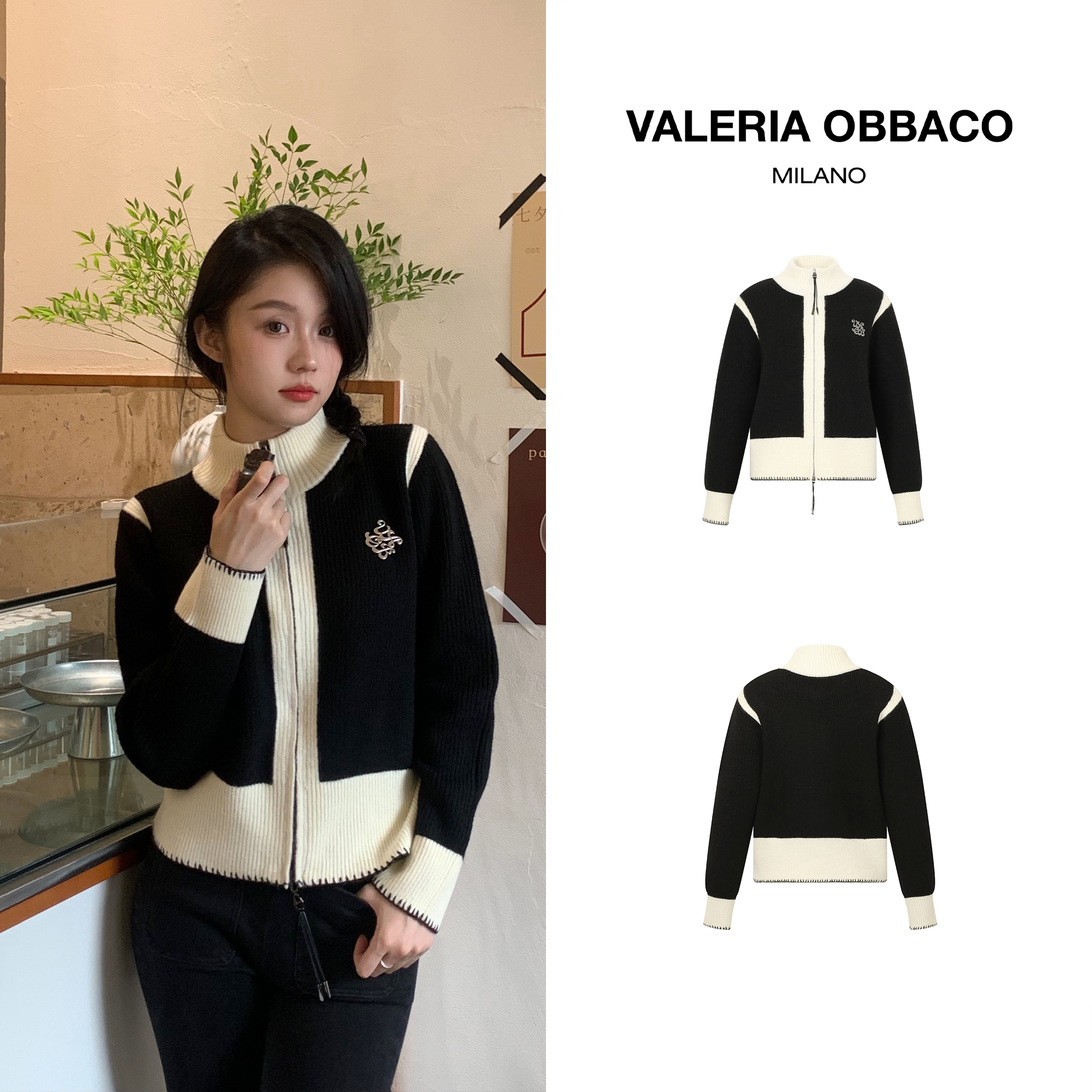 VALERIAOBBACO/瓦莱丽娅 奥贝科创意系列简约黑白拼色双拉毛衣