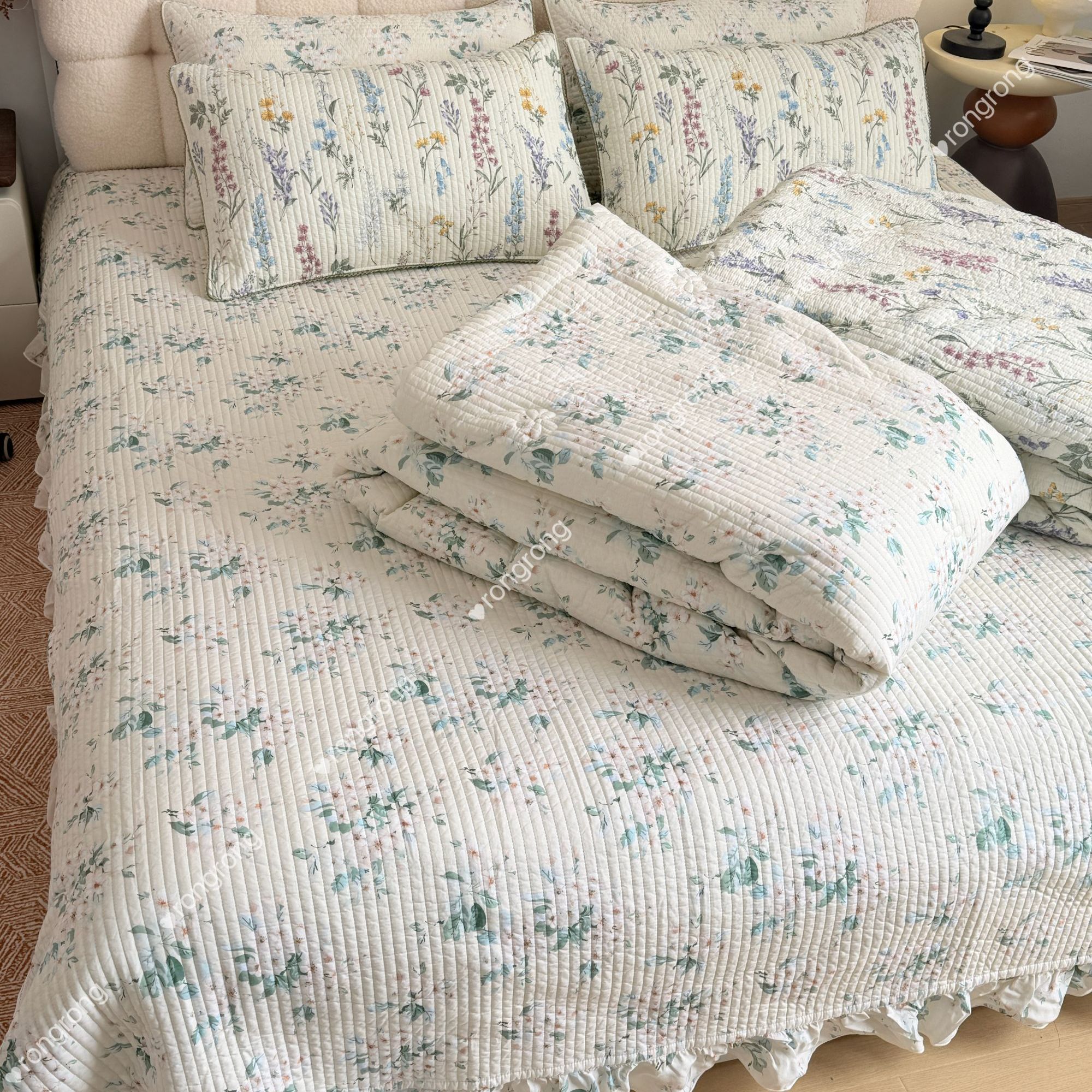 韩国莫代尔数码印花绗缝加厚一体被双面床盖四件套【椿屿系列】