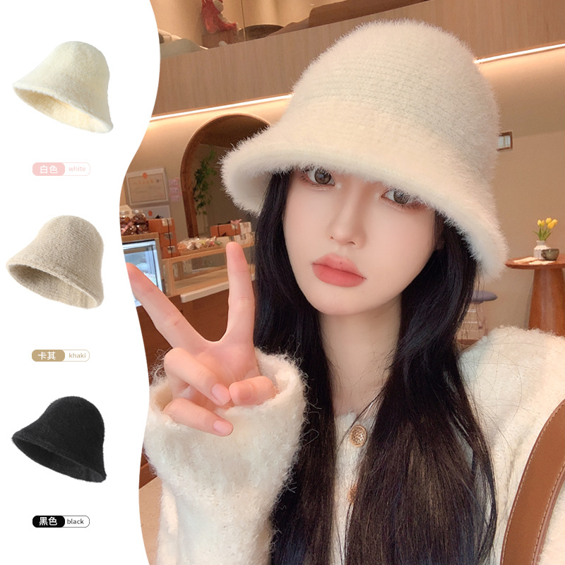 秋冬季新款毛绒水桶渔夫帽防寒保暖针织帽子女高级感遮脸百搭盆帽
