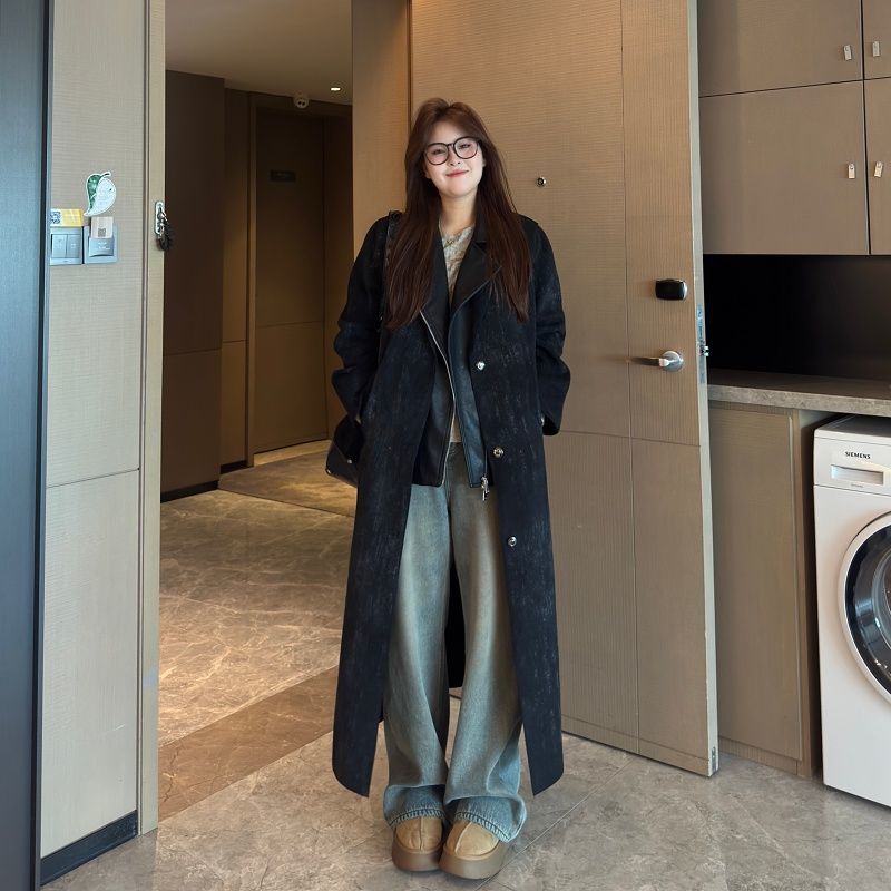 300斤大码女装拼接皮设计毛呢大衣胖mm显瘦时尚宽松气质长款外套