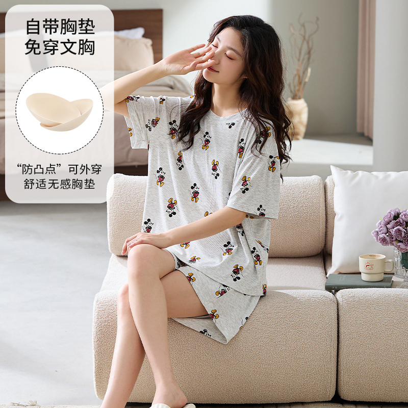 Disney/迪士尼套头短袖短裤女睡衣带胸垫凉感冰丝舒适家居服0099