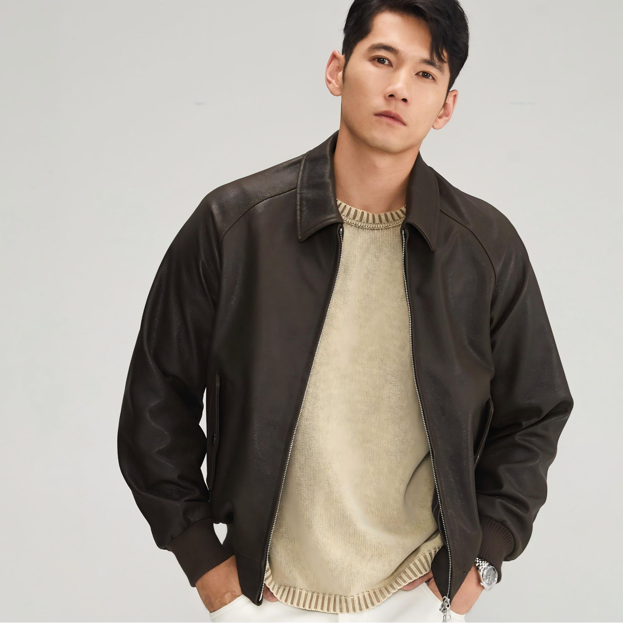 头层牛皮 男士复古老钱风内里加鹅绒小牛皮9885翻领时尚真皮皮衣