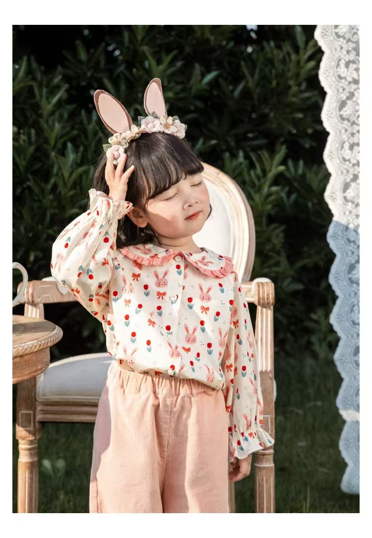 8042兔子印花女童娃娃领衬衫春装宝宝萌上衣儿童长袖衬衣