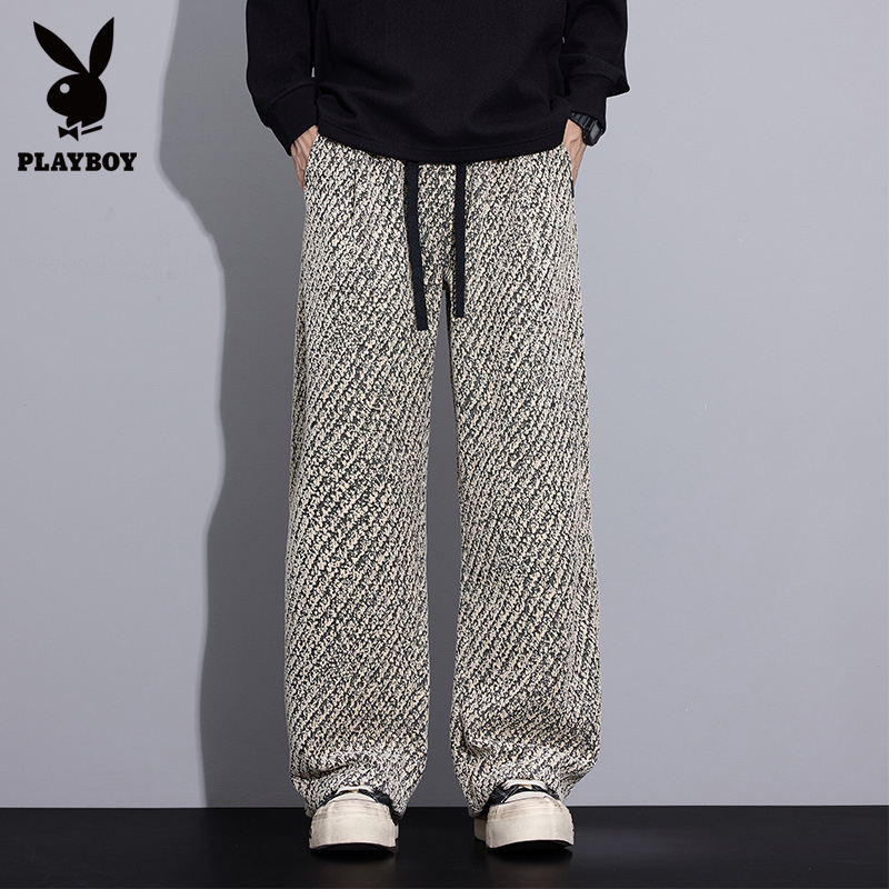 花花公子秋冬斜纹针织休闲裤男士2025新款宽松提花阔腿裤直筒长裤
