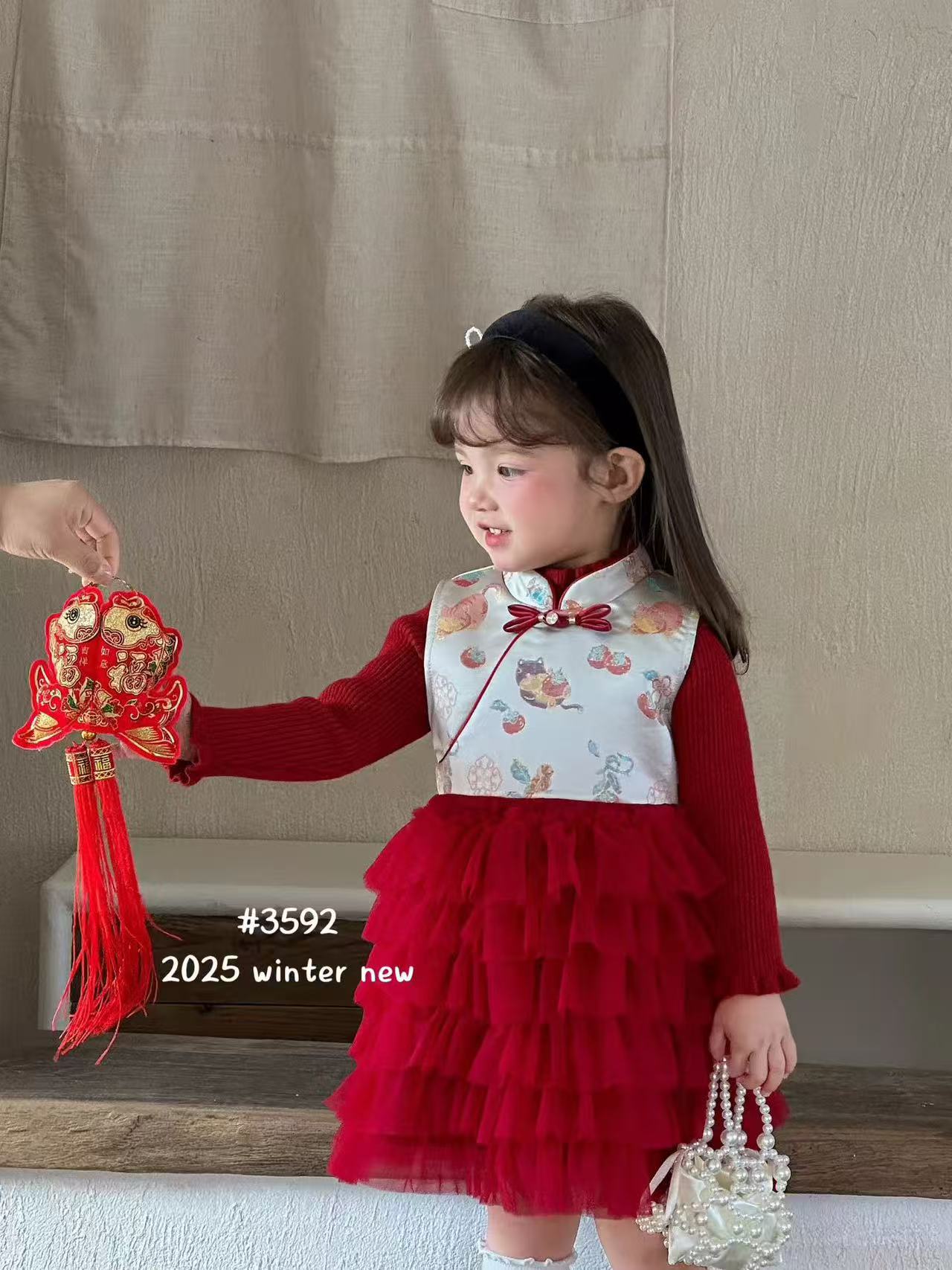 【XTL】2025冬年货小猫金丝刺绣盘口酒红色裙子套装3592