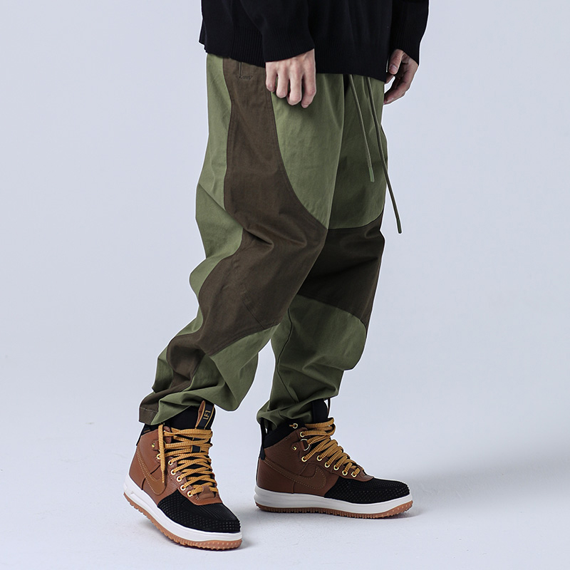 秋冬撞色休闲拼色阔腿工装长裤宽松百搭潮流加大码休闲裤男潮