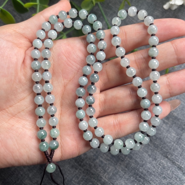 高品质缅甸A货翡翠冰飘花经典圆珠卡6mm手工编织玉牌项链绳百搭