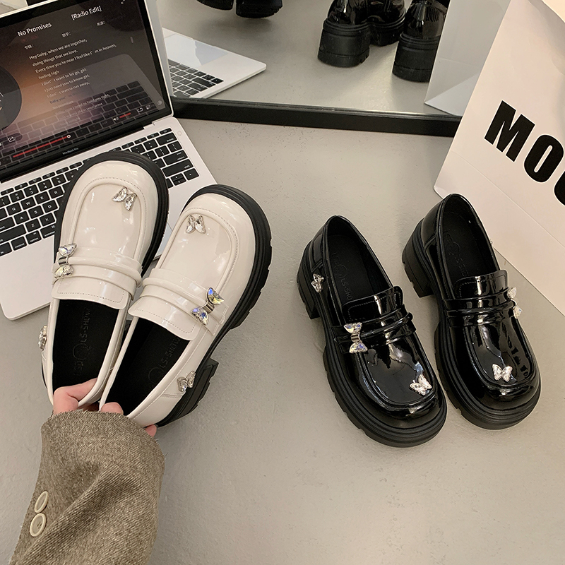 厚底增高小皮鞋女2025春季新款乐福鞋黑色一脚蹬学院风百搭JK单鞋