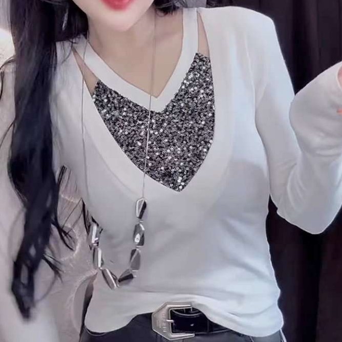 欧洲站2025冬季V领t恤显瘦上衣时尚女装亮片吊带假两件加绒打底衫