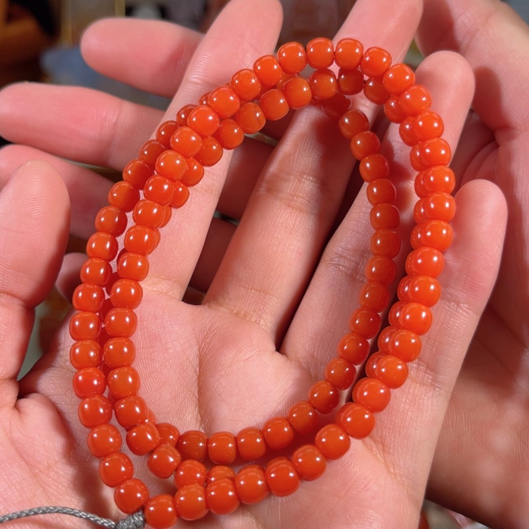南红玛瑙冷水河满色满肉老形念珠串5.6左右未镶嵌