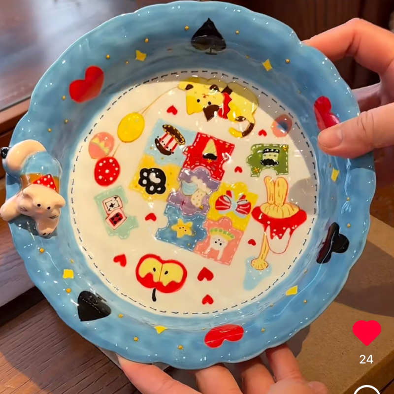 大美陶瓷 | 湛蓝扑克猫卡通手绘甜点盘复古创意陶瓷餐盘家用摆件