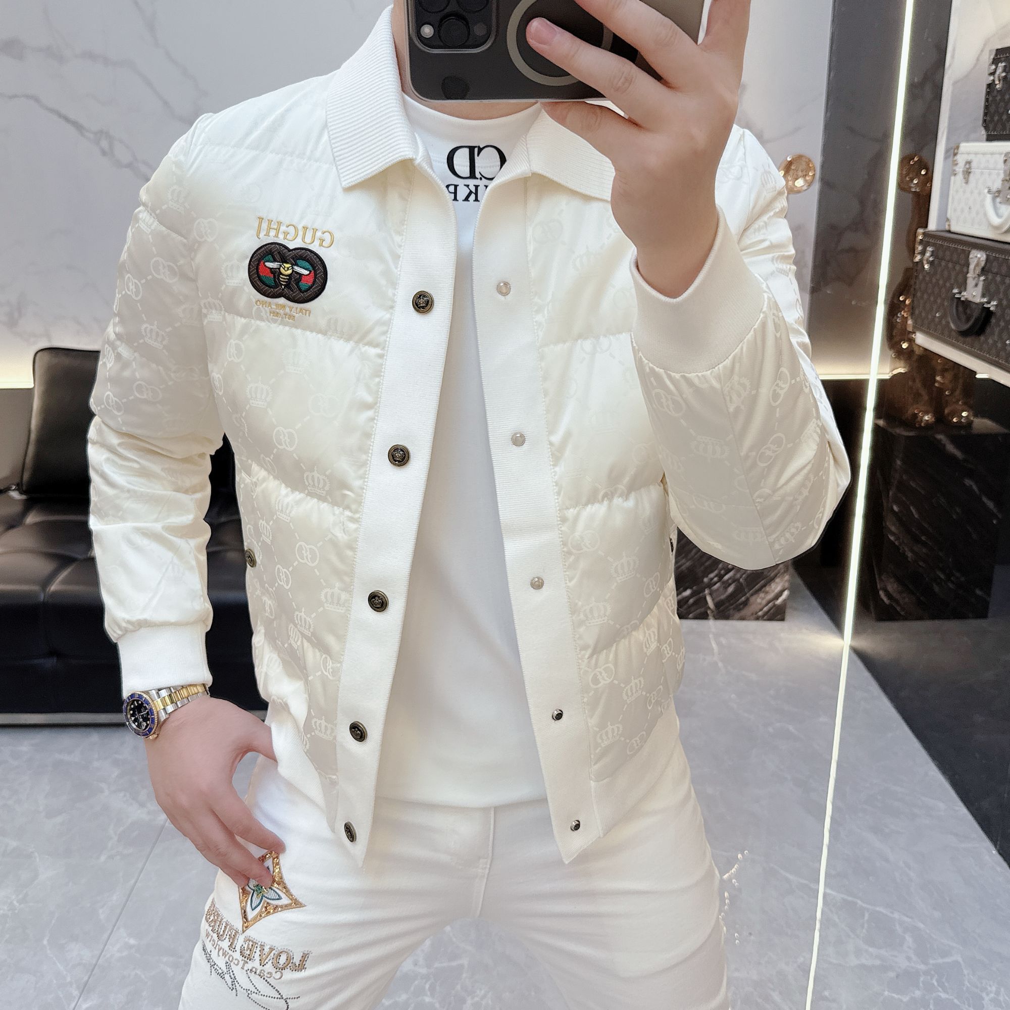 冰希欧意.名品时尚潮流刺绣徽章设计男士翻领羽绒服2025冬季新款