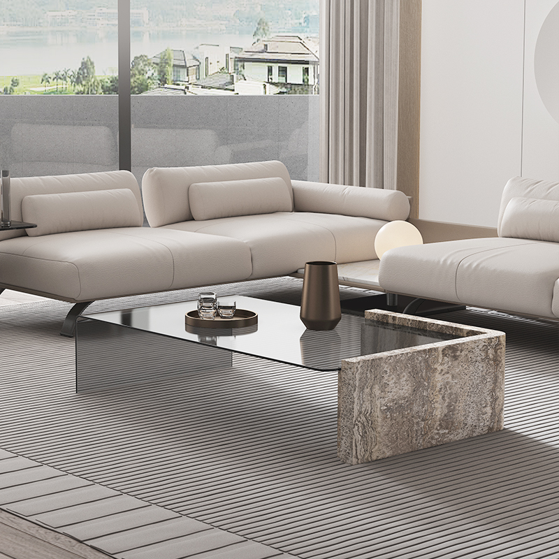 意式极简现代天然大理石奢石茶几客厅家用玻璃茶几面洞石茶几388G