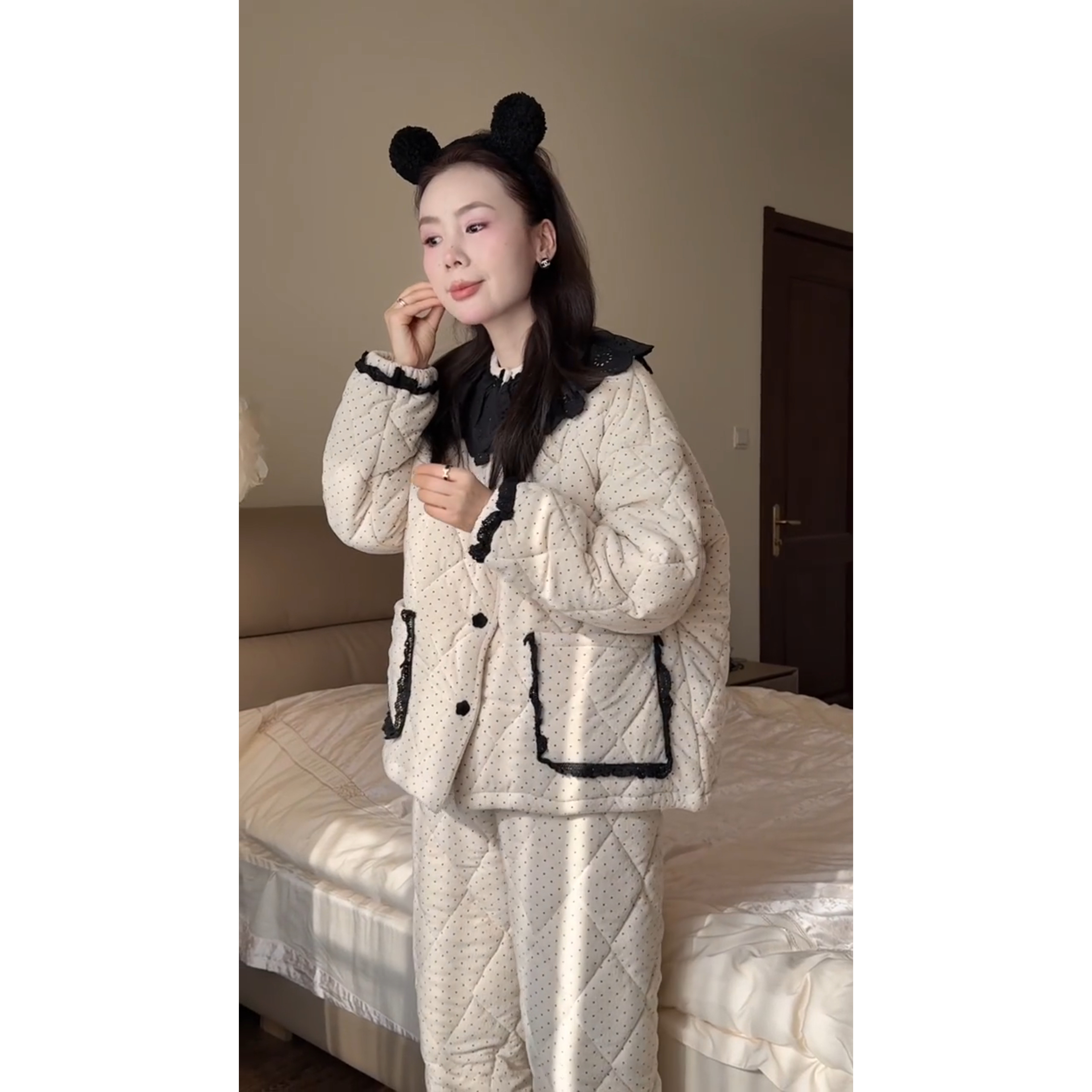 法式轻奢娃娃领夹棉睡衣女冬季蕾丝边保暖加厚可外穿家居棉服套装