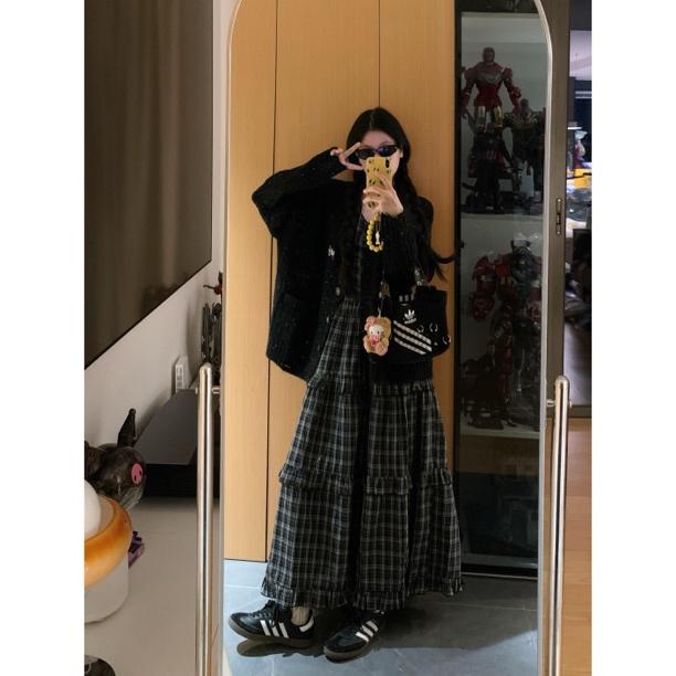 Y5063 Y5065秋季宽松针织毛衣开衫外套女灰色+无袖背心连衣裙套装