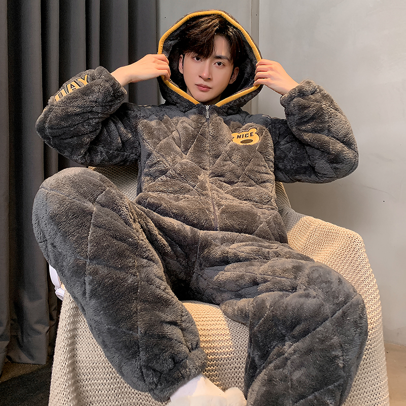 【高端丝绵-更保暖】冬天男士三层夹棉睡衣连帽加绒加厚保暖家居服