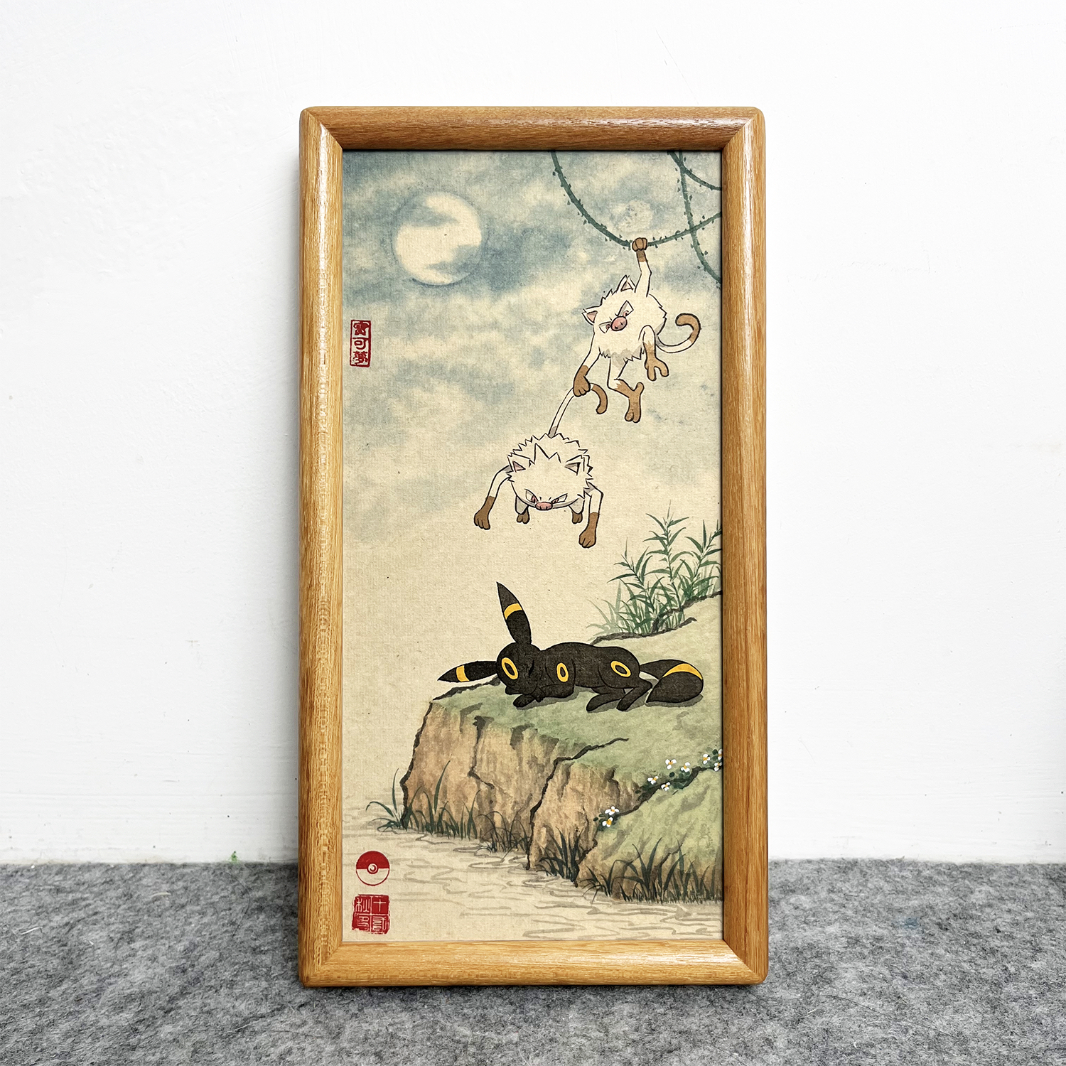 原画版《猴子捞月》中国风宝可梦创意装饰画桌面摆件