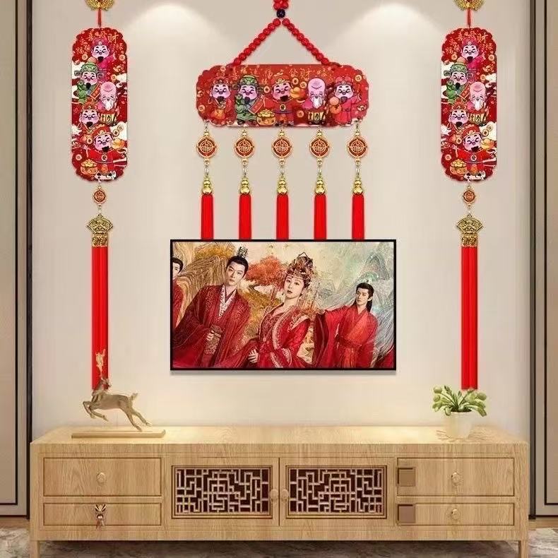  真桃木送挂钩【新年迎五路财神】彩雕福禄寿喜财中国结对联挂件