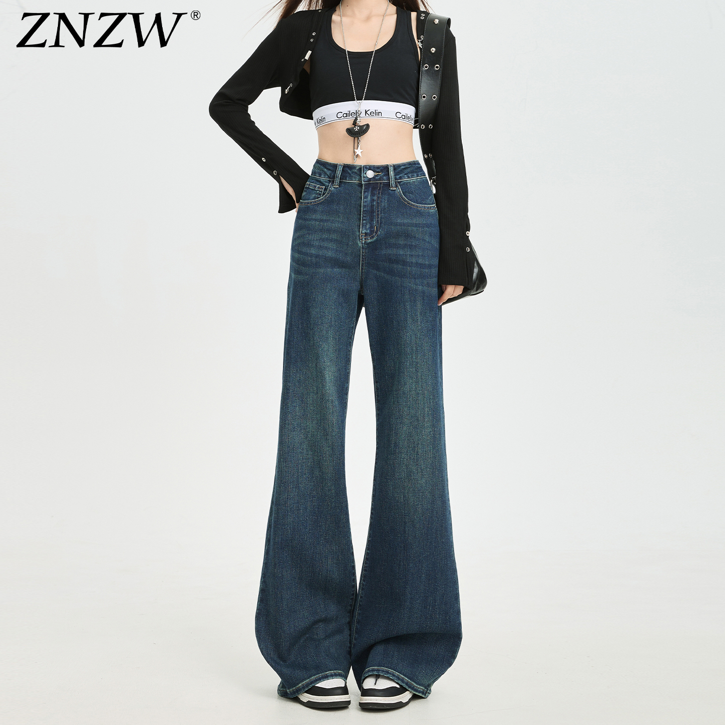 ZNZW复古蓝牛仔微喇裤女2025秋季大码高腰修身小个子喇叭裤子女