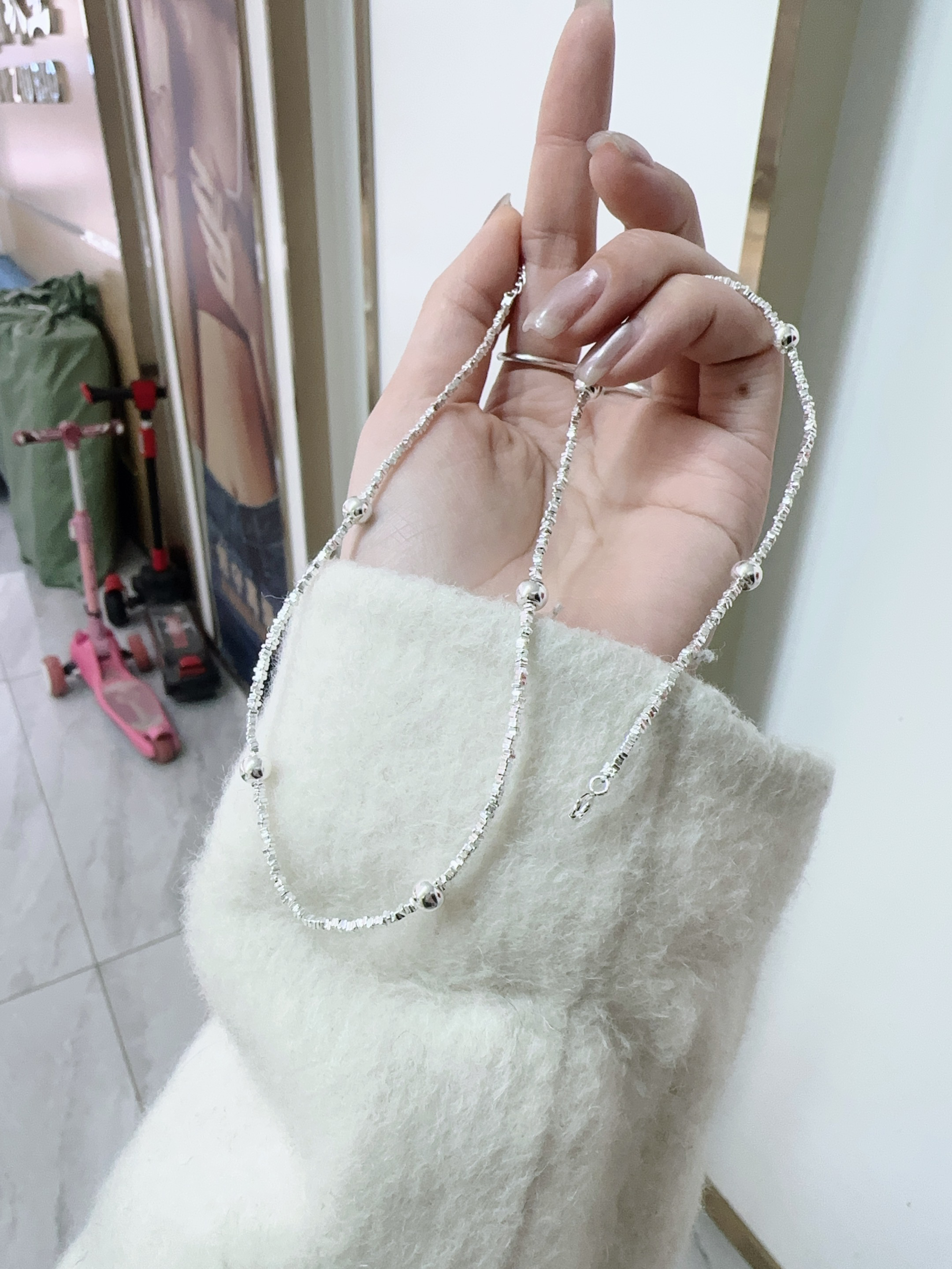 坠链均足银 足银999碎银时尚项链百搭手链简约气质银色素款韩版