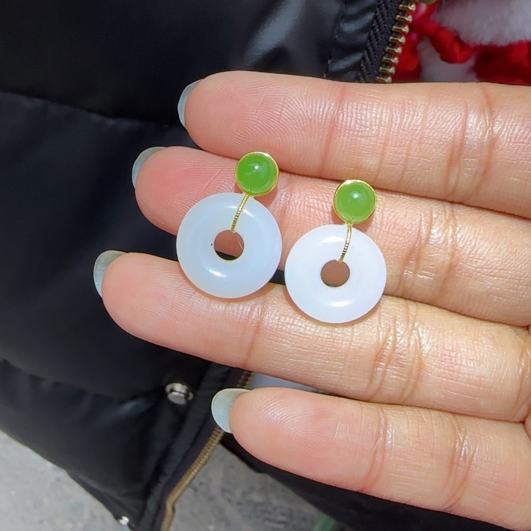 和田玉耳饰18K金镶嵌