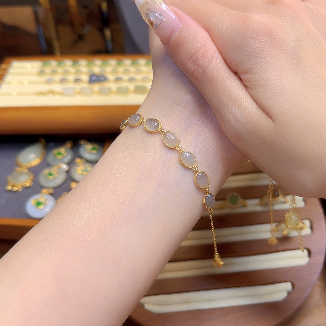 和田玉手链银S925镀金镶嵌