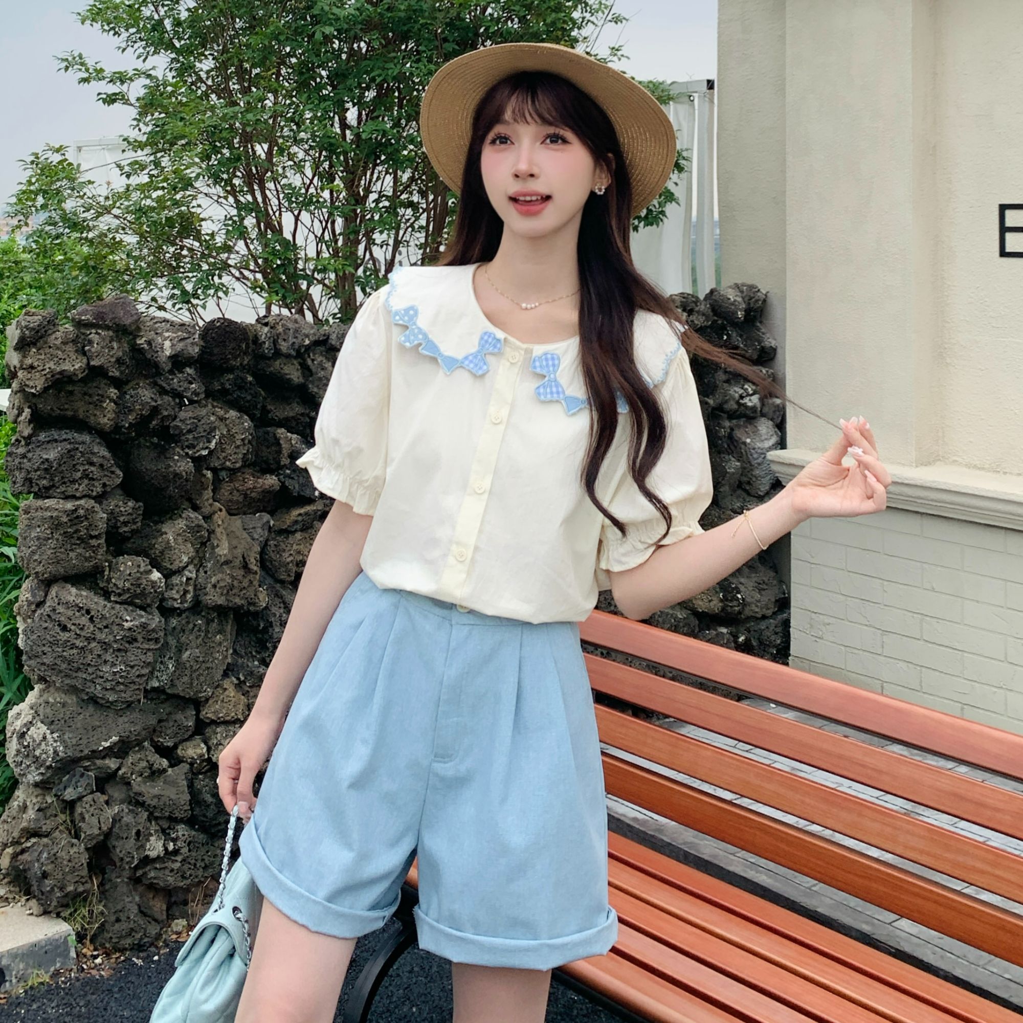 慕兔韩系卡通蝴蝶结娃娃领衬衫上衣2025夏季新款百搭显瘦款短袖潮