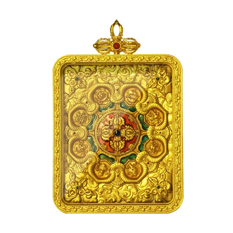 热贡唐卡盒纯黄铜嘎乌盒吊坠小唐卡尼泊尔符镀K金钢化玻璃