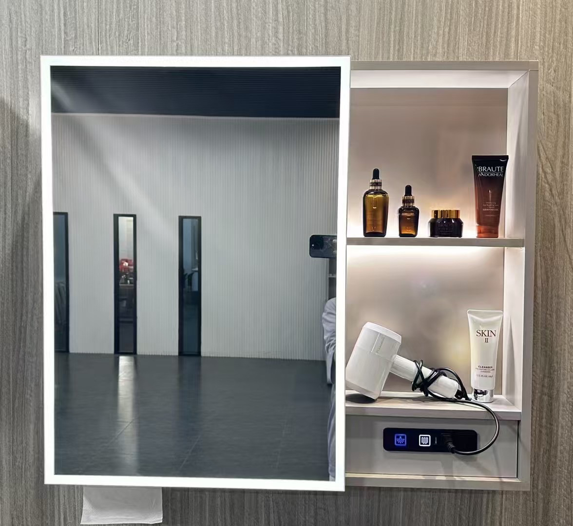 太空铝圆弧形浴室镜柜智能灯光储物柜卫生间挂墙式带梳妆镜抽纸孔