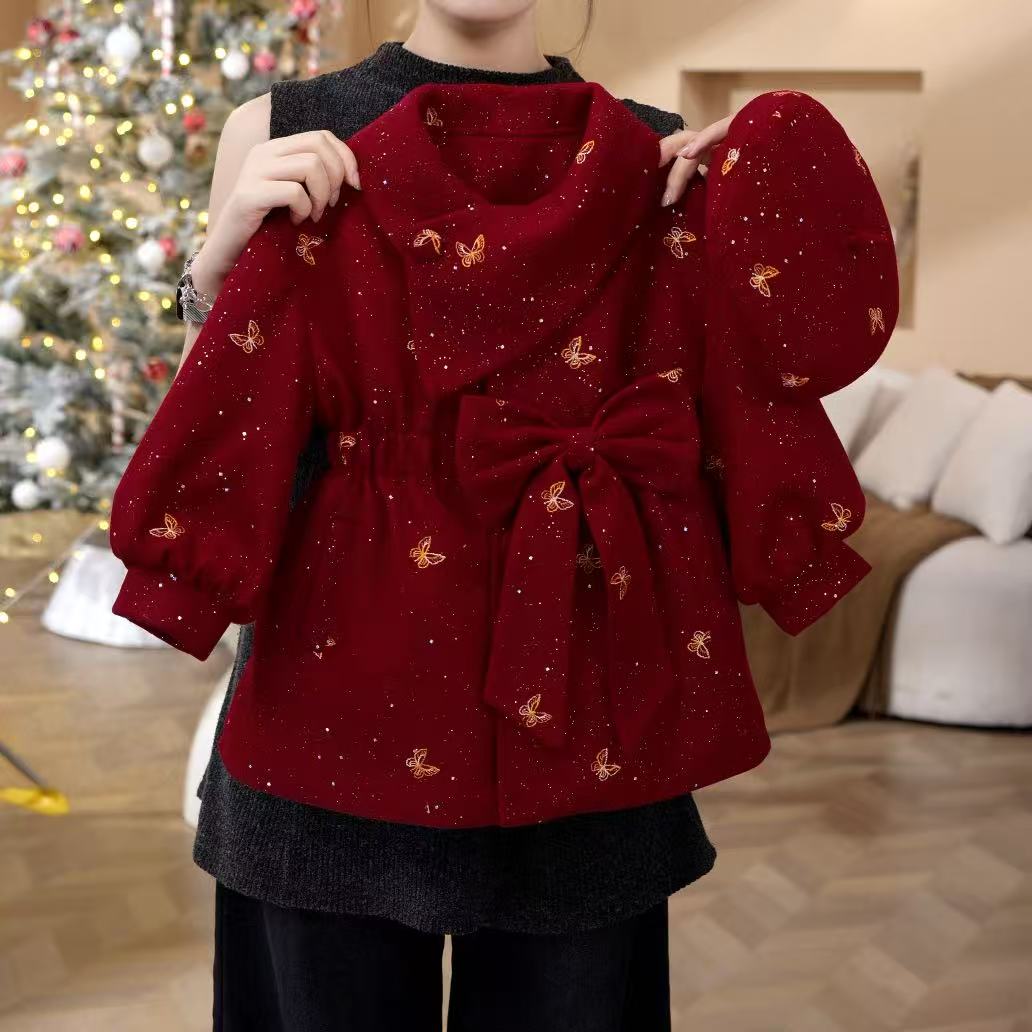 女童中长款外套2025秋冬季新款女宝宝时尚洋气蝴蝶结连衣裙