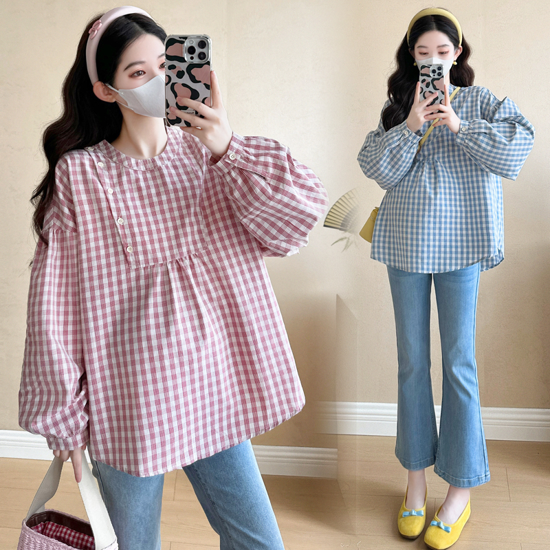 孕妇装新款2025春季孕晚期新款孕妇韩版宽松格子文艺宽松娃娃衫