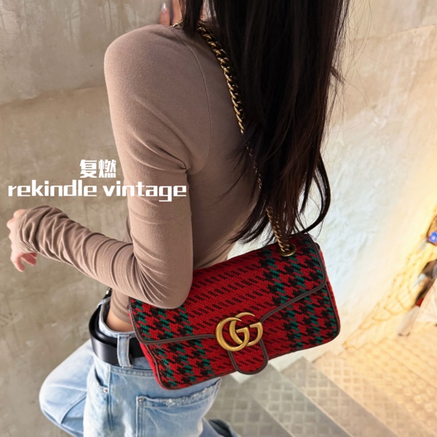 99新 GUCCI/古驰 复燃精选/圣诞限定款千鸟格马蒙26斜挎包