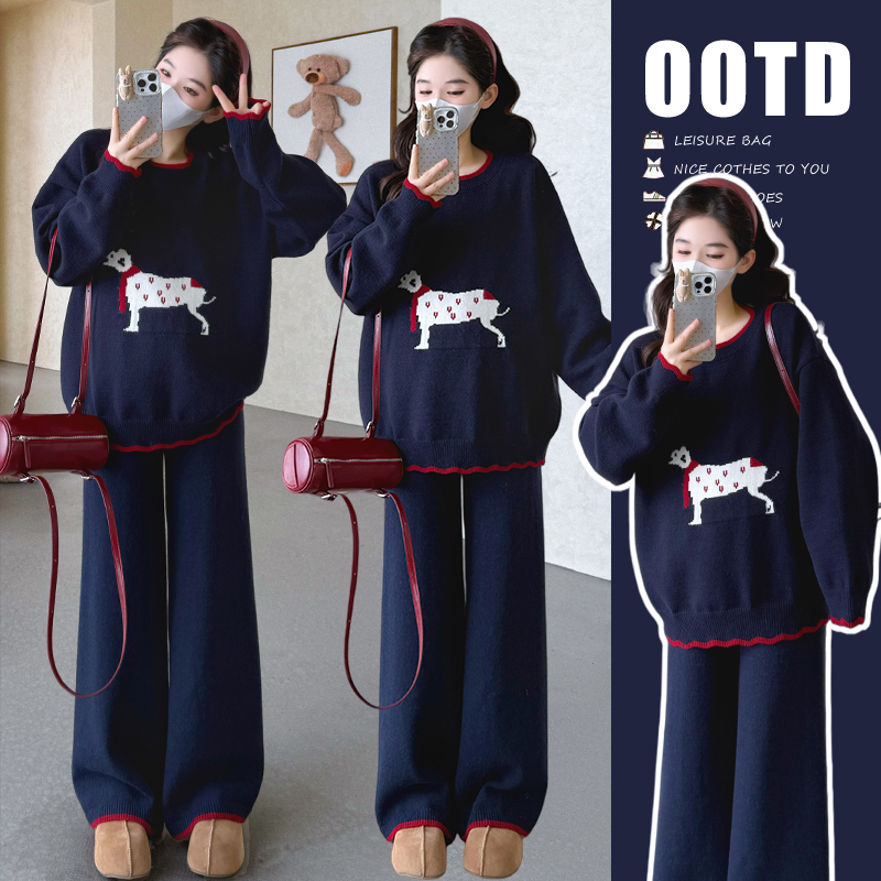 【嗒嗒】2025秋冬套装韩版时尚宽松卡通加厚毛衣+阔腿裤孕妇两件套