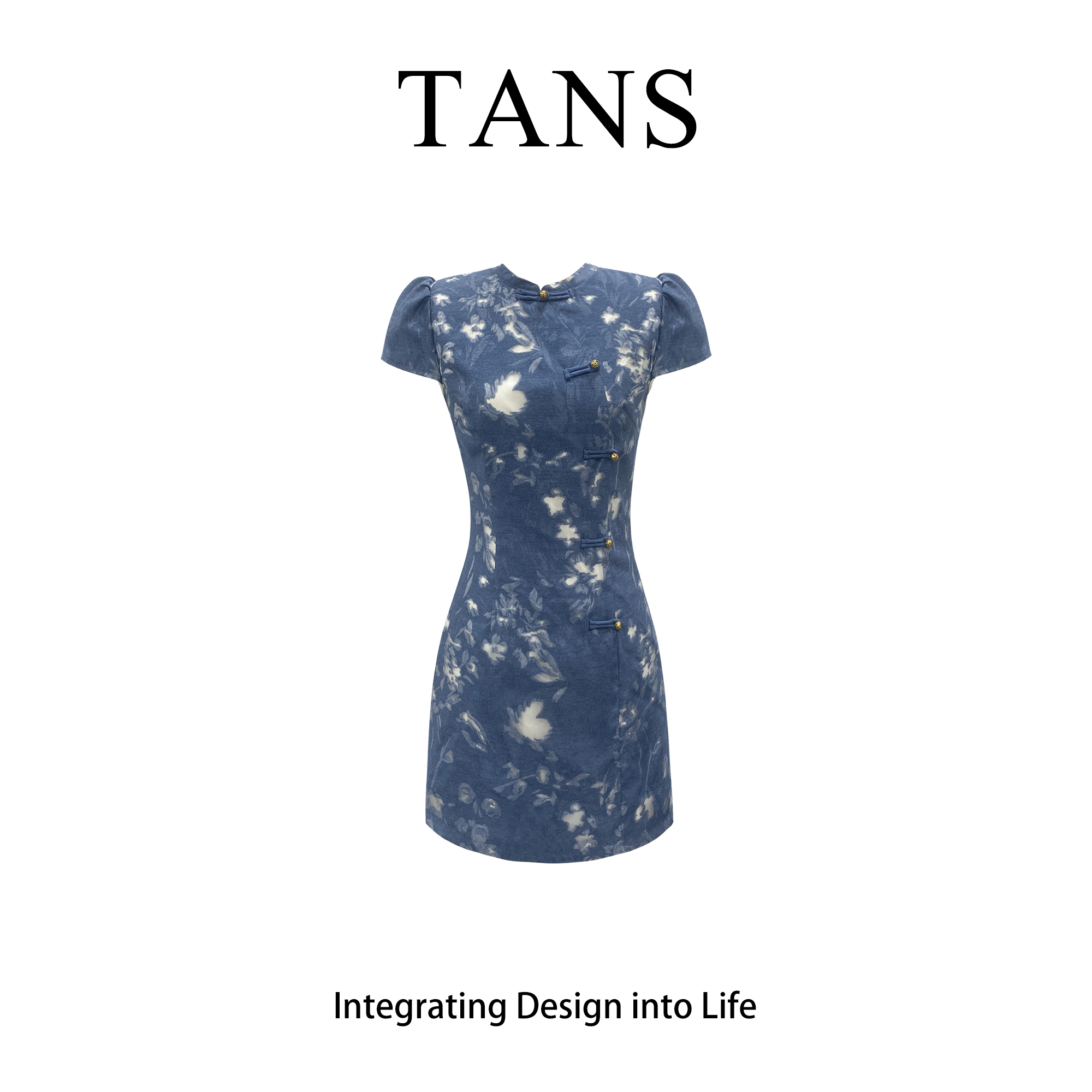 现货 TANS【夏季新品】新中式蓝色碎花古法显瘦旗袍女夏季新款