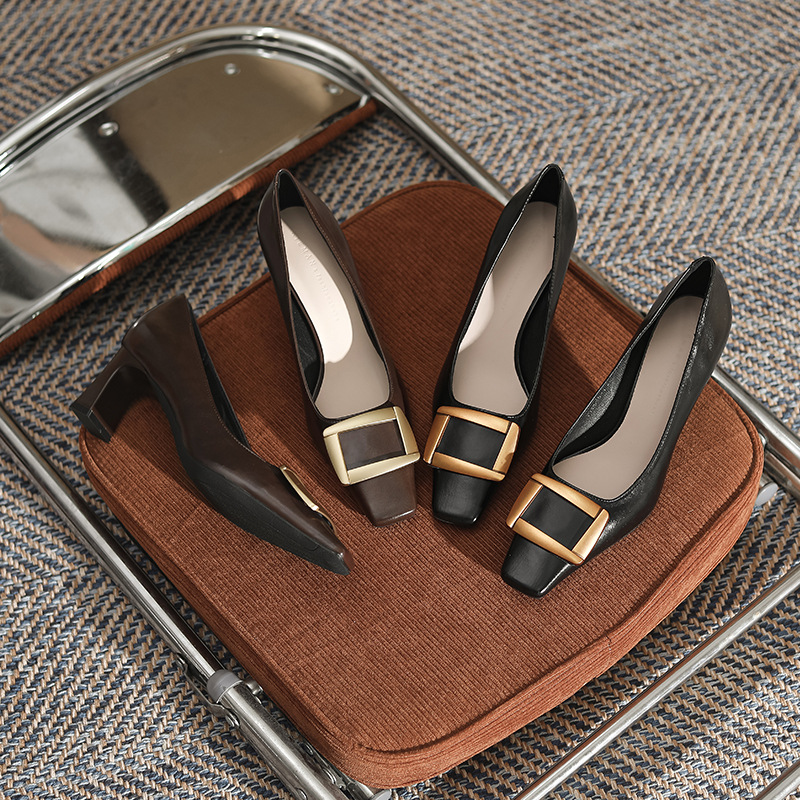  婷小七法式粗跟方头复古棕高级感女式高跟鞋经典黑色百搭单鞋