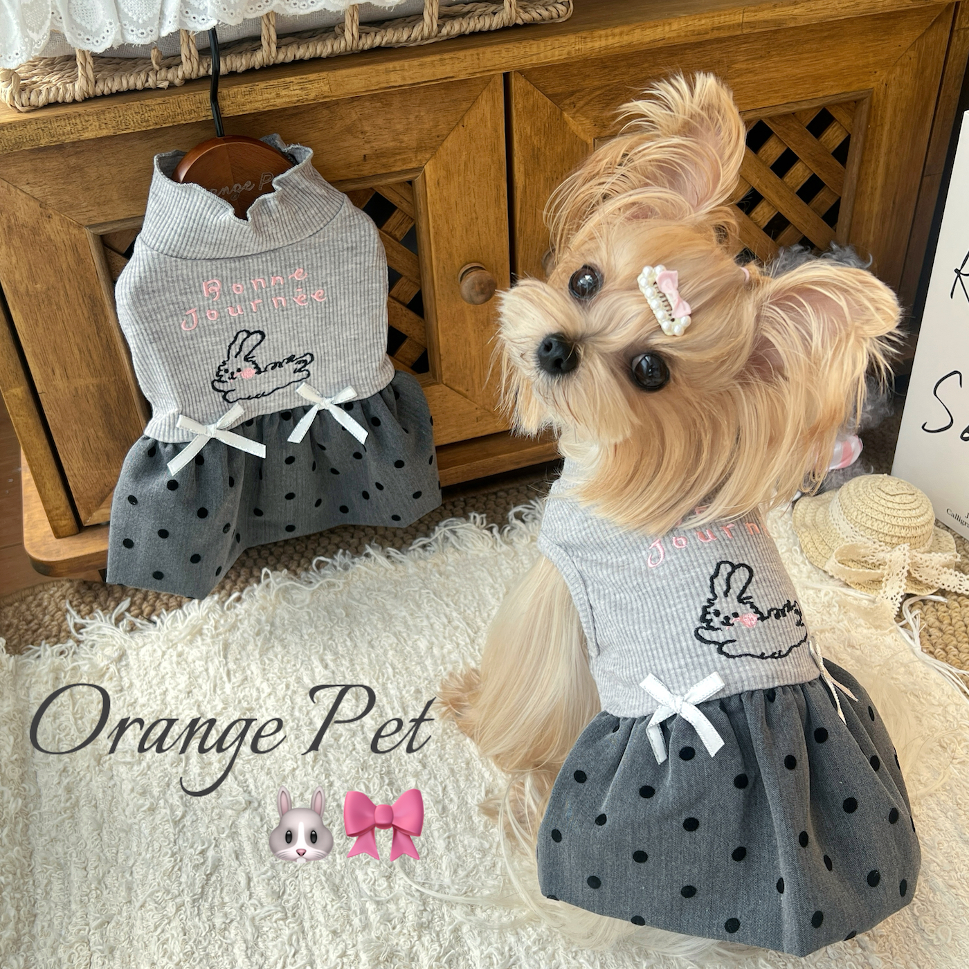 OrangePet宠物服狗狗猫咪miu系灰粉小兔刺绣波点裙约克夏衣服秋冬