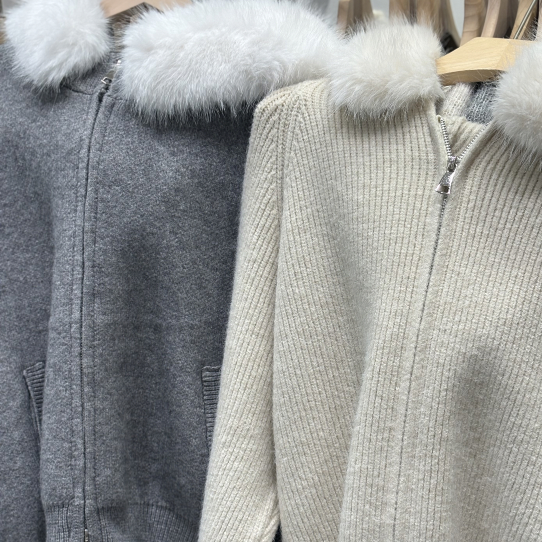 韩版狐狸毛领子连帽拉链针织衫毛衣开衫纯色