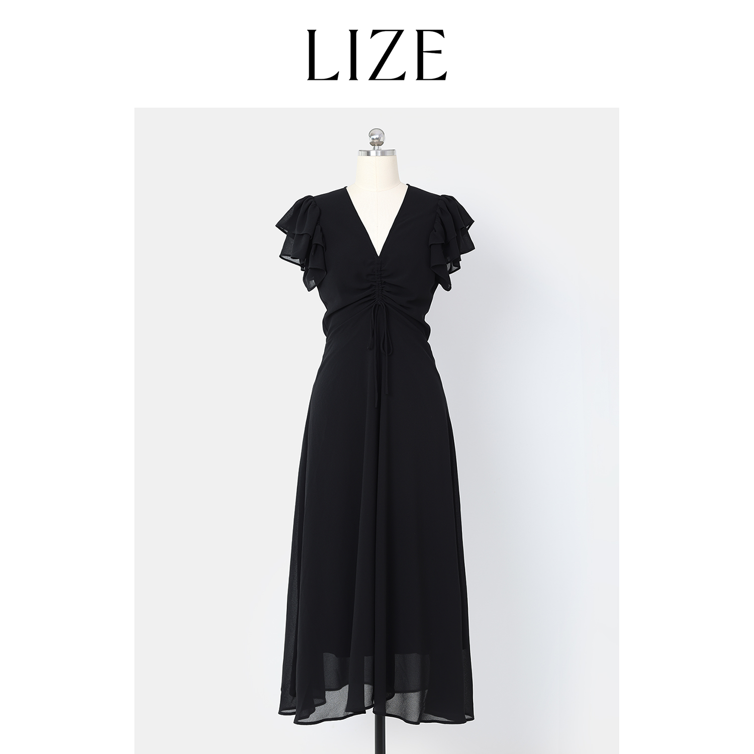 LIZE「苏菲莉娅」重磅垂感.褶皱设计.法式V领连衣裙ZEA0440