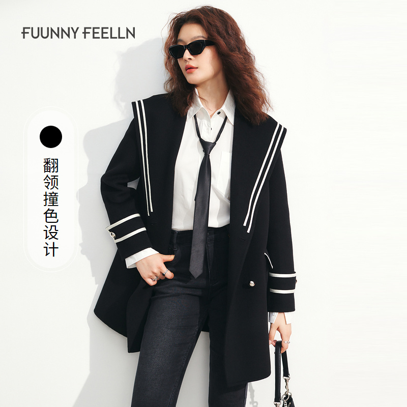 仿佛大衣女短款上衣撞色时尚翻领黑色海军领FL00301外套秋冬2025