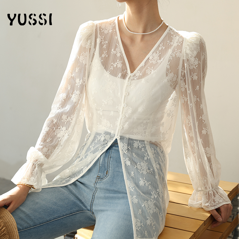 YUSSI【米兰假日】法式重工刺绣钩花开衫吊带老钱风防晒蕾丝套装