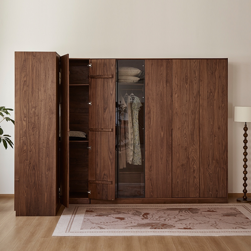 北美黑胡桃木全屋实木整木定制拐角柜衣帽间卧室收纳大衣橱衣柜