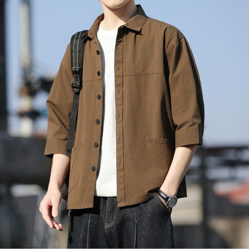 麦克斯夏季新款时尚纯色单排扣帅气休闲百搭七分袖衬衫2528