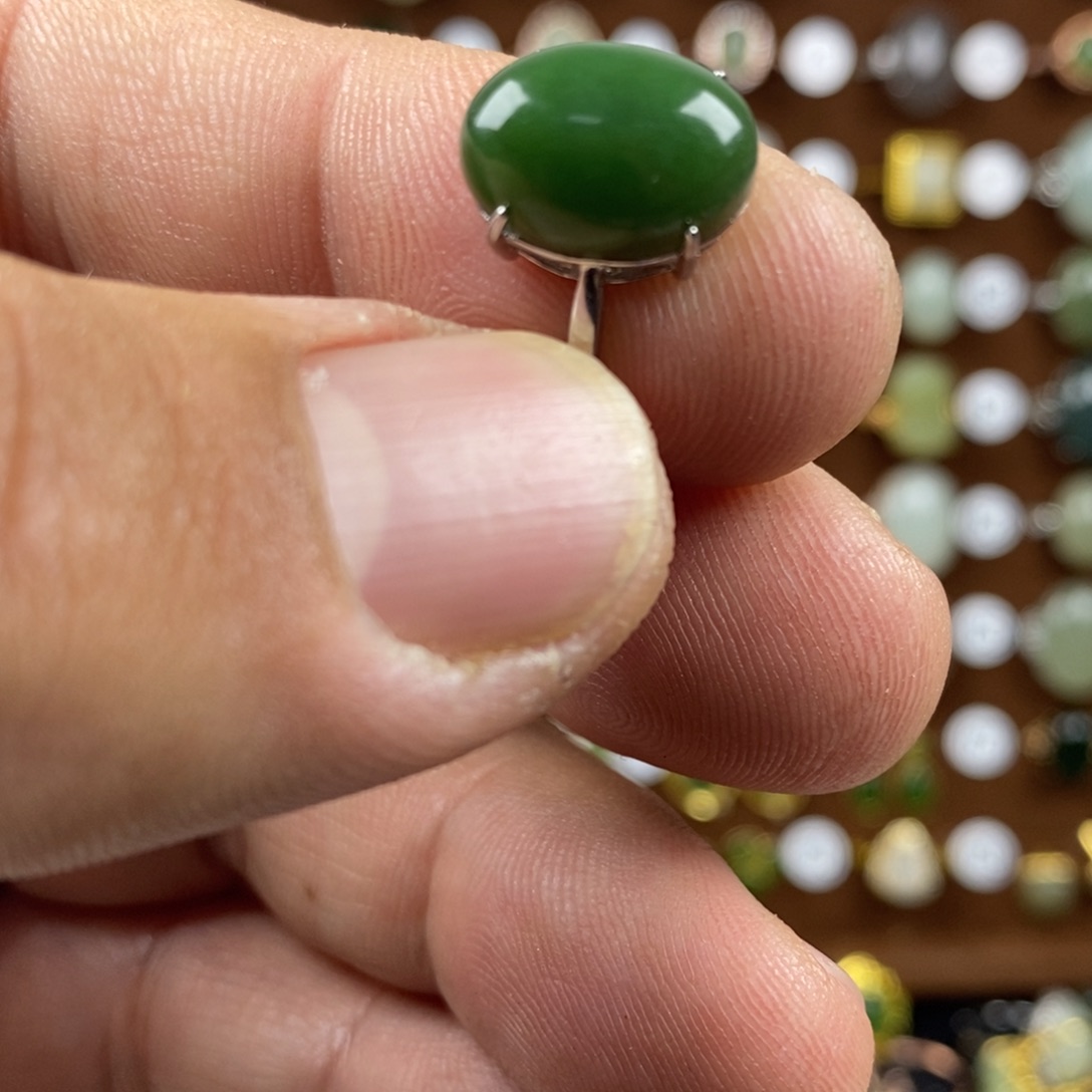 和田玉（碧玉）戒指银S925镀金镶嵌