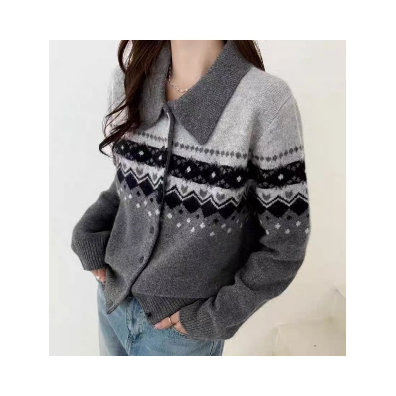 丽姐家~费尔岛开衫针织上衣翻领长袖网红百搭外穿宽松加厚秋冬