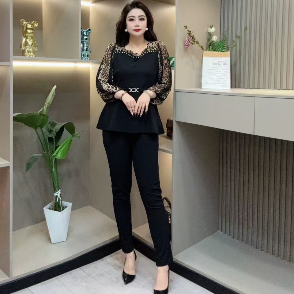 春季爆款两件套-酷 3447时尚花纹袖气质珠珠环领胖MM大码女装新款