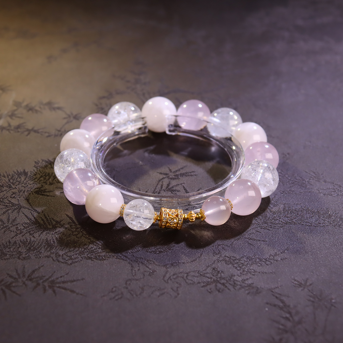 <连心>白阿赛粉水晶雪花幽灵多宝水晶手串+S925银镀金镶嵌