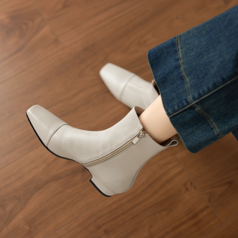 牛皮/跟高3.5cm/2025新款秋冬季真皮中跟短靴女软面单靴百搭踝靴