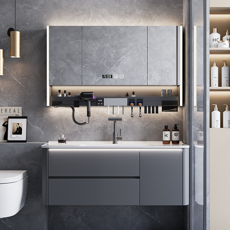 高级灰陶瓷一体圆角台面浴室柜组合卫生间洗手盆柜洗脸台面